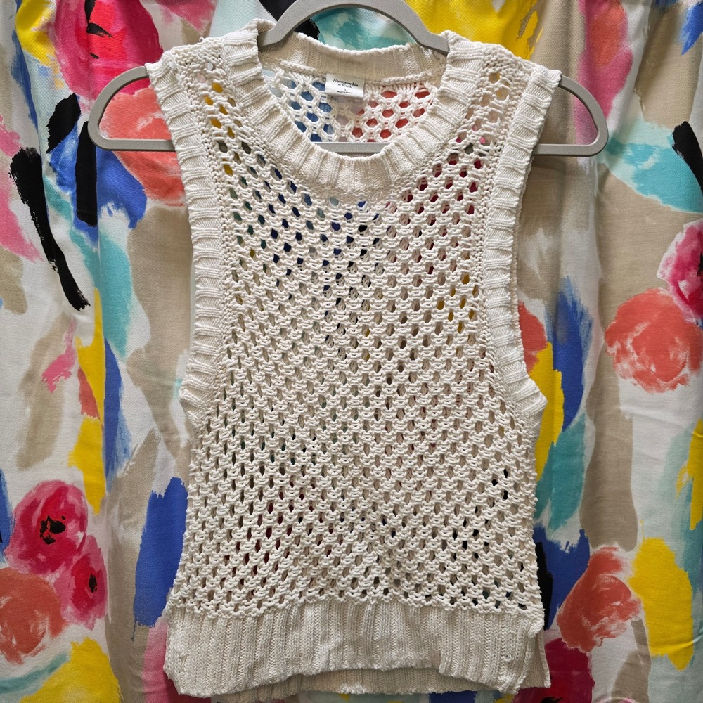 Abercrombie Fitch Womens‎ Cream Crochet Knit Sleeveless Tank Top Small Crewneck